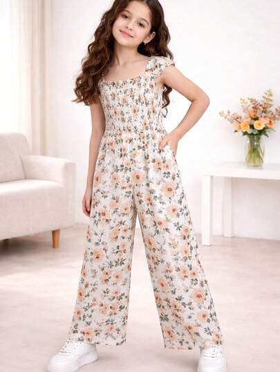 Prenda tipo overol para niña floral de pierna amplia | Enterizo ligero | Tallas 4-12 | Outfit fresco y cómodo