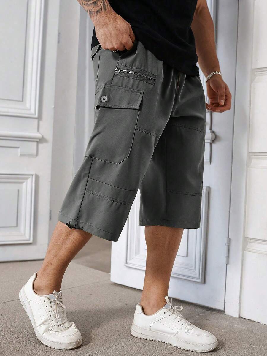 Manfinity Homme Men's Plus Size Casual Solid Color Khaki Shorts - Dark Grey - View 1