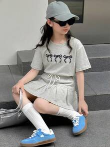 Dazy Kids 少女圆领落肩短袖休闲蝴蝶结装饰T恤套装，夏季 - 淺灰色 - 查看 6