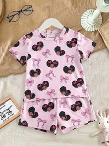 SHEIN 2pcs Baby Girl Knitted Cute Girl Pattern Round Neck Bodysuit And Shorts Homewear Set - Multicolor - View 1