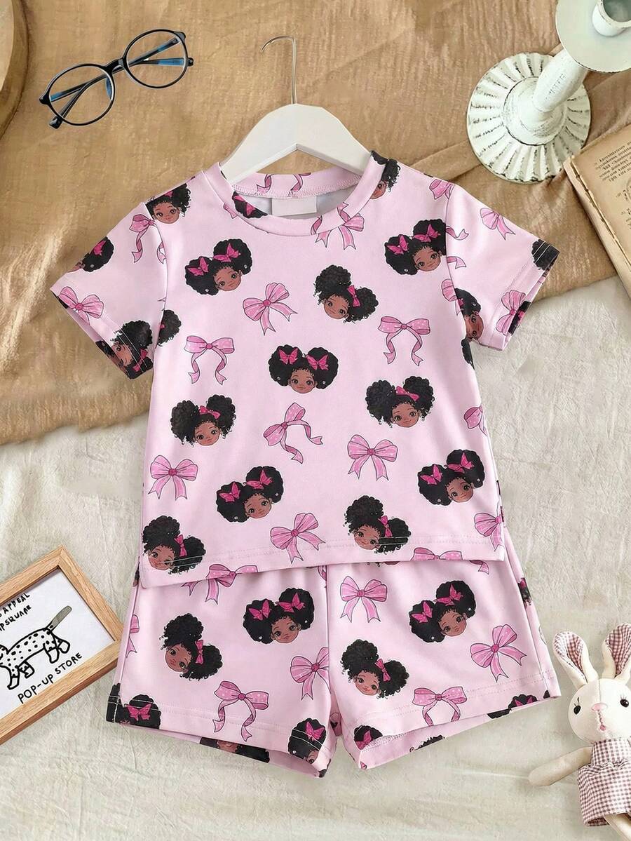 SHEIN 2pcs Baby Girl Knitted Cute Girl Pattern Round Neck Bodysuit And Shorts Homewear Set - Multicolor - View 1