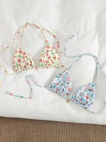 Swim Mod New Tropical Floral Stamp Print Halter Bikini Top For Beach Vacation, Spring/Summer Beach Vacation Butter Yellow Tropical - Multicolor - View 2
