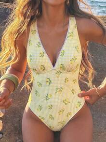 New Arrival Spring/Summer Lemon Print Plaid Casual Beach Vacation One-Piece Swimsuit - Multicolor - View 1