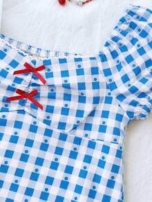 SHEIN Tween Girl Casual Minimalist Comfortable Plaid Back Strap Shirt - Blue - View 6