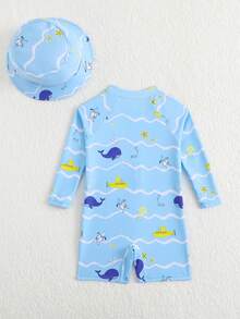 SHEIN Blue Summer Cute Vacation Holiday Infant Baby BoyWhale Print Long Sleeve Rash Guard One-Piece Swimsuit With Sun Hat 2pcs Set,Quick-Drying Swimwear - Blue - View 2