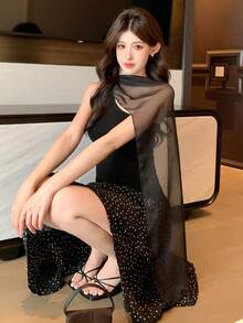 Áo vest không tay phối lưới dành cho nữ, thắt eo, kiểu dáng thanh lịch cho kỳ nghỉ hè. - màu đen - Xem 8