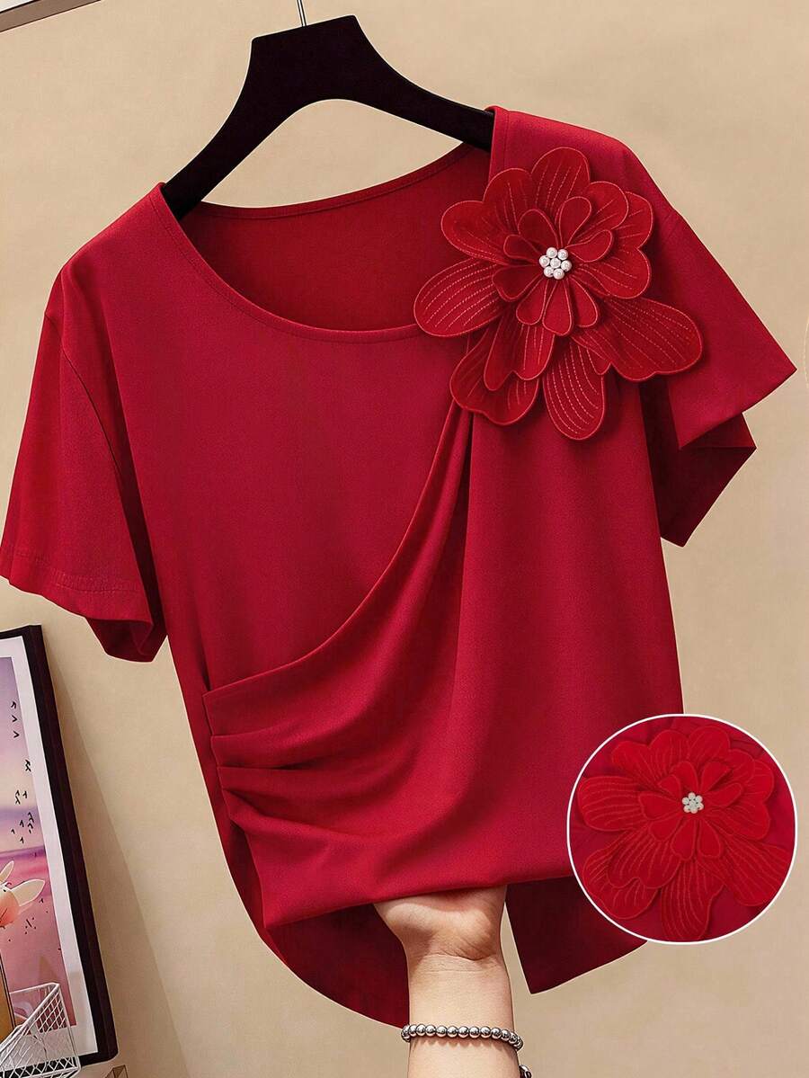 INAWLY Blusa de mujer de talla grande con abertura asimétrica, de manga corta, de verano, con bordado de moda - Rojo - Ver 1