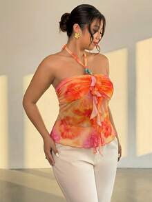 Firerie Top Halter con Volantes Estampado Floral Tie Dye Talla Grande para Mujer, Playa Vacaciones de Verano - Multicolor - Ver 4