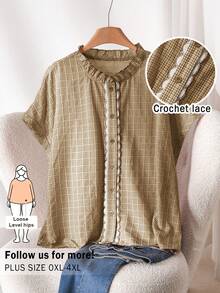 CosyJoli Plus Size Women Floral Lace Trim Blouse, Batwing Sleeve Loose Shirt, Button Down Shirt, Plaid Shirt, Casual Spring/Summer Clothing For Ladies - Brown - View 3