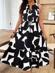 Weeklong Black & White Print Sleeveless Dress, Casual Vacation Style, Plus Size, Spring/Summer - Black and White - View 4