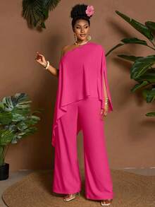 Maweii 2pcs/Set Asymmetric Hem Loose Yellow Casual Vacation Commute Plus Size Outfits, Suitable For Spring, Summer, Autumn Fall - Hot Pink - View 4