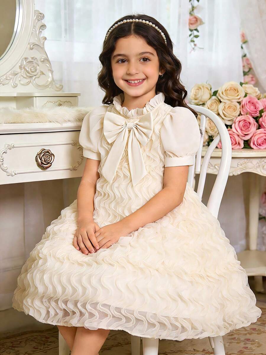 SHEIN Elladie kids 一件女童香槟色花瓣袖荷叶边雪纺公主裙,可爱大蝴蝶结A字型正式礼服,优雅度假装,适合生日派对、钢琴演奏会等场合 - 杏色 - 查看 1