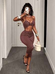 BamGleam 女士波点印花褶皱露背短款上衣和七分裤两件套 - 棕色 - 查看 4