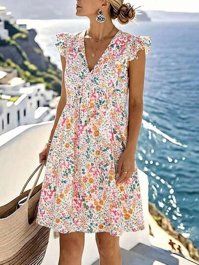 EMERY ROSE Women's Casual Ditsy Floral Mini Dress For Vacation