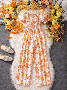 Sparklyn 女童印花连体裤，方领泡泡袖，夏季度假风 - 橘色 - 查看 2