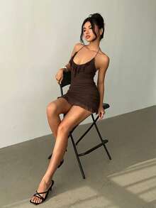 Aloruh Đầm ngắn màu nâu hở lưng, buộc dây cổ, dành cho nữ - Cà phê nâu - Xem 5