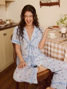Tulorae Conjunto de pijama romántico para damas con estampado de cuadros rojos, parches de unicolor y volantes con lazo - Multicolor - Ver 3