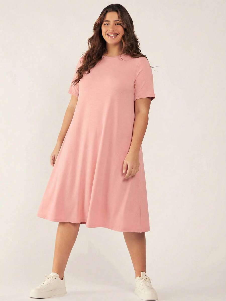 SHEIN BASICS Plus Size Casual Solid Color Round Neck Short Sleeve Dress, Summer - Pink - View 1