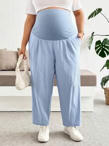 Plussiva Pantalones de moda de talle alto con bolsillo en ángulo de unicolor para maternidad de talla grande - Azul - Ver 5
