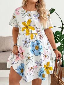 Plussiva Gaun Hamil Ukuran Besar Motif Bunga Leher Bulat Lengan Pendek Kasual - MultiWarna - View 4