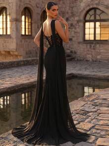 Aureia Elegant Luxury One-Shoulder Sparkling Beaded Embroidered Mesh Ruched Waist Hip Mermaid Hem Dress For Wedding Party Formal - Black - View 5
