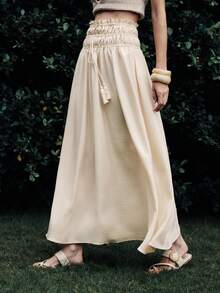 SHEIN Luminelle Chân váy nữ kiểu dáng thanh lịch, thắt eo, có tua rua, buộc dây, thích hợp cho mùa xuân/hè. - Màu be - Xem 4