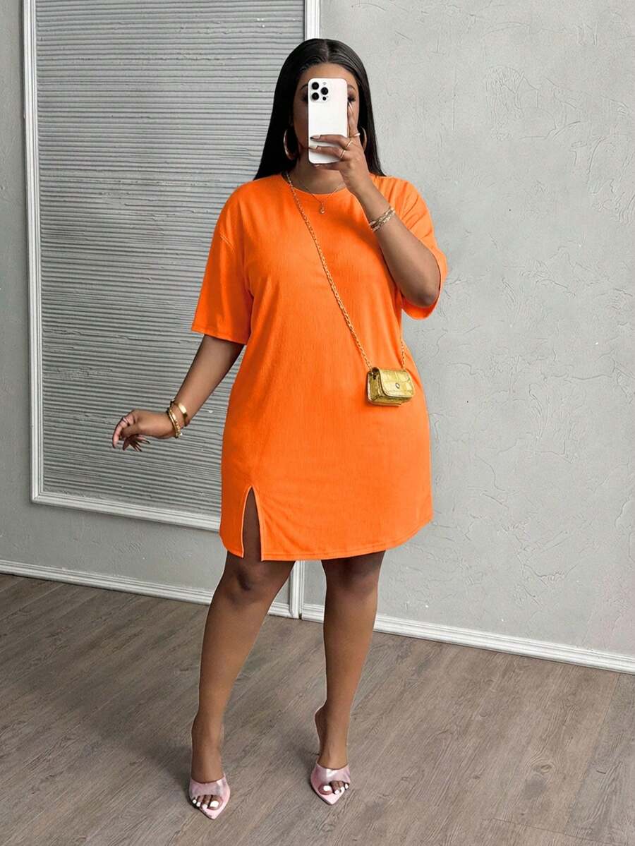Slaydiva Vestido de manga corta con abertura lateral, hombros caídos y color rosa para vacaciones de principios de primavera en tallas grandes - Naranja - Ver 1