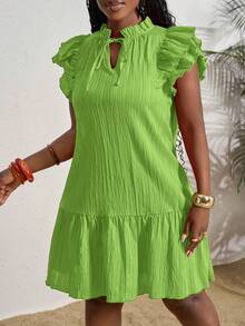 Slaydiva Vestido de talla grande de unicolor con cuello de corbata, mangas con volantes y dobladillo con volantes, vestido de verano - Verde - Ver 4