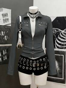 SHEIN Unity 女士休闲时尚街头朋克轻薄拉链修身衬衫，春秋季 - 灰色 - 查看 6