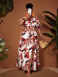 Maweii Plus Size Women White Summer Boho Party Holiday Floral Elegant One-Shoulder Lantern Sleeve Drawstring Maxi High Slit Irregular 2-Piece Set - Multicolor - View 7