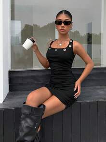 Muchica 女士复古黑色方领褶皱修身迷你连衣裙，金属铆钉夏季少女风俱乐部海滩装扮，乡村波西米亚风度假休闲夏季连衣裙 - 黑色 - 查看 6