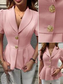 Pariaura Elegant Commuting Versatile Casual Daily Short Sleeve V-Neck Metal Buckle Decor Textured Fabric Blouse Top For Women, Spring/Summer - Baby Pink - View 3