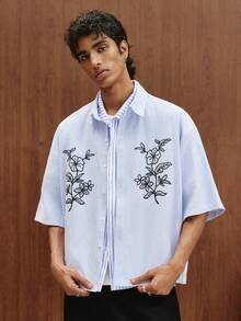 TOKVUE 男士休闲棉混纺条纹短袖衬衫，印花图案，适合度假穿着 - 藍白色 - 查看 3