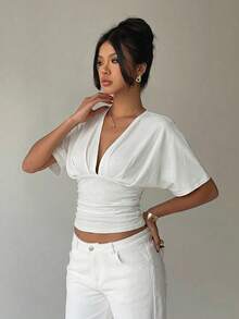 Aloruh Ivory Deep V Ruched Short Sleeve Tight Hem Women T-Shirt - White - View 5