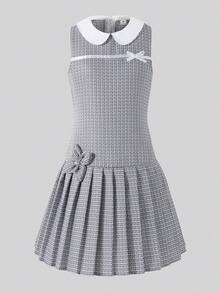 SHEIN Elladie kids 少女编织彼得潘领3D立体花朵收腰连衣裙，优雅百搭，舒适适合外出、度假、家庭聚会和生日等场合。 - 灰色 - 查看 3