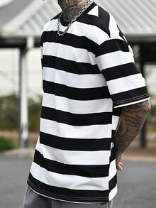 Devon Thys Camiseta Suelta De Dos Tonos Para Hombre Con Cuello Redondo - Blanco y Negro - Ver 4