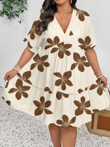 SHEIN Frenchy Brown Color Block Floral Plus Size Women Holiday Ruffle Hem Dress - Multicolor - View 7
