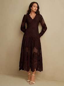 Anewsta Vestido de mujer de manga larga con cuello en V, estilo vintage de playa y vacaciones, con encaje calado - Marrón Chocolate - Ver 5