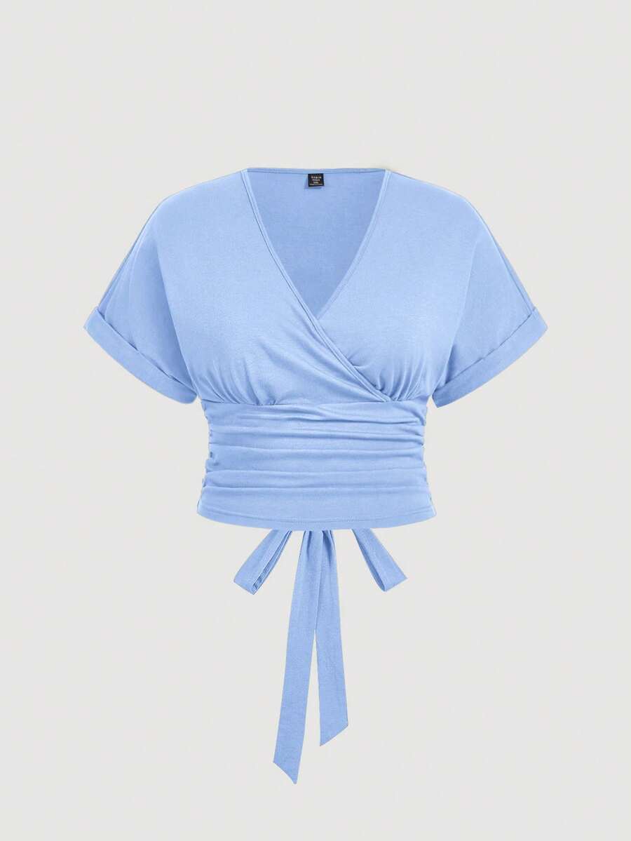 SHEIN MOD 大码女式复古褶皱装饰交叉后背系带T恤 - 藍色 - 查看 1