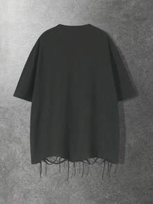 ROMWE MEN Camiseta de manga corta con cuello redondo y decoración de remaches para hombre - Gris Oscuro - Ver 2