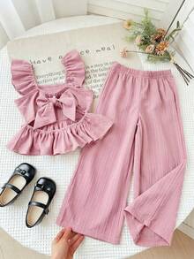 LMoss Kids 红色短袖上衣和短裤套装，适合幼儿在春、夏、秋季穿着，后背饰有蝴蝶结设计。 - 淺粉色 - 查看 8