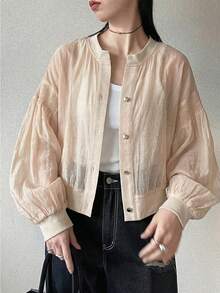 FRIFUL Women's Solid Color Metal Button Decor Loose Casual Versatile Jacket, Spring/Summer - Khaki - View 6