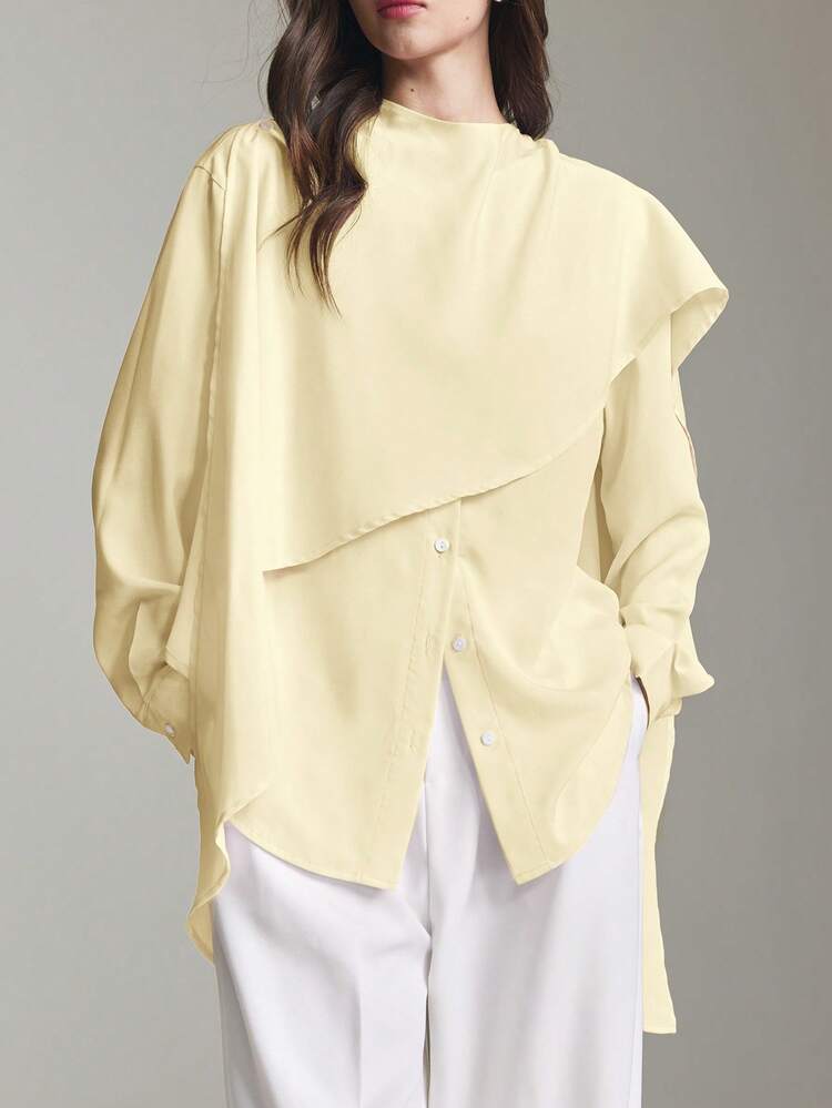Women's Comfortable, Skin-Friendly, Soft, Shiny, Slightly Stretchy Fabric Detachable Cape Design, Loose Fit, Dropped Shoulder, Long Sleeve, Small Stand Collar, Asymmetric Hem Cape, Modern Elegant Wedding Guest Outfit, Minimalist Romantic French Luxury Feel, Urban Chic Business Casual Office Wear, Low-Key Vintage High-End Style, High-Quality Urban Commute Airport Cruise Wear, Middle East Essential Outfit, Premium Fabric, All-Season Versatile, Wedding Series Women Top