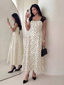 Modelyn 女士杏色提花拼接黑色无袖蕾丝荷叶边腰身A字优雅浪漫连衣裙，春夏款 - 杏色 - 查看 7