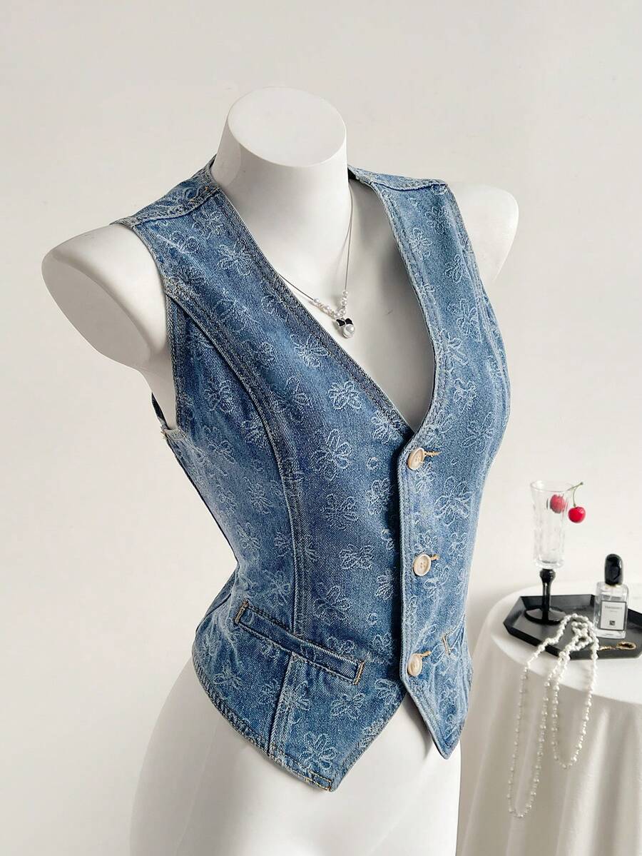 SHEIN Áo khoác gile denim nữ in họa tiết toàn thân, cài một hàng khuy, kiểu dáng thường ngày, đa năng. - Màu xanh lam - Xem 1