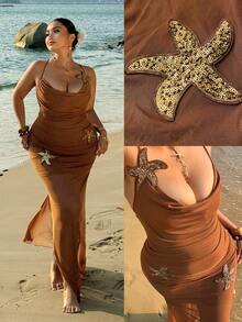 Sunnyshic Plus Size Women's Brown Mesh Beach Dress, Sexy Vacation Wear For Summer - Brown - View 1