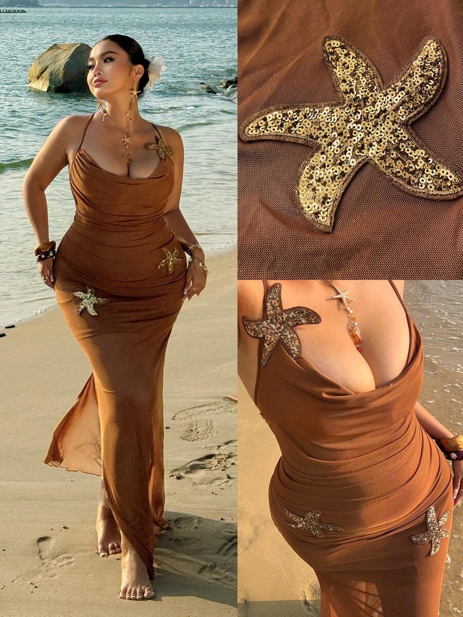 Sunnyshic Plus Size Women's Brown Mesh Beach Dress, Sexy Vacation Wear For Summer - Brown - View 1