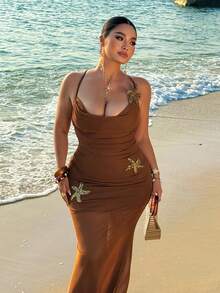 Sunnyshic Plus Size Women's Brown Mesh Beach Dress, Sexy Vacation Wear For Summer - Brown - View 6