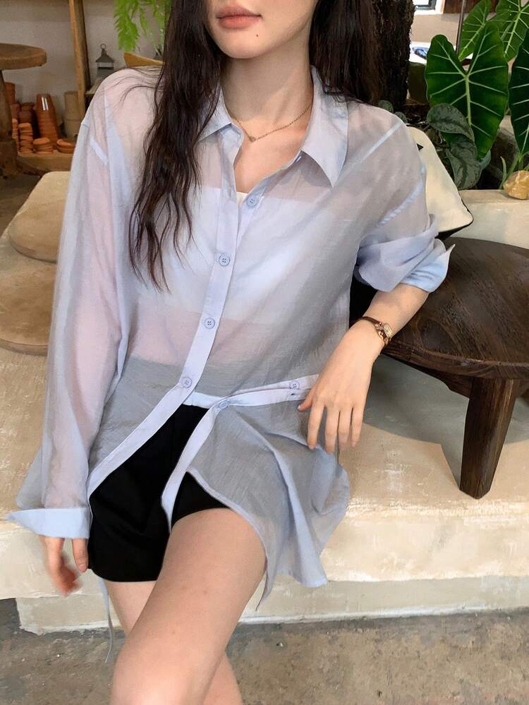 Women's Loose Asymmetrical Hem Split Casual Long Sleeve Vacation Blouse, Solid Color