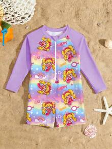 新款时尚女童连体长袖短裤泳衣，随机可爱印花少女泳装 - 彩色 - 查看 3